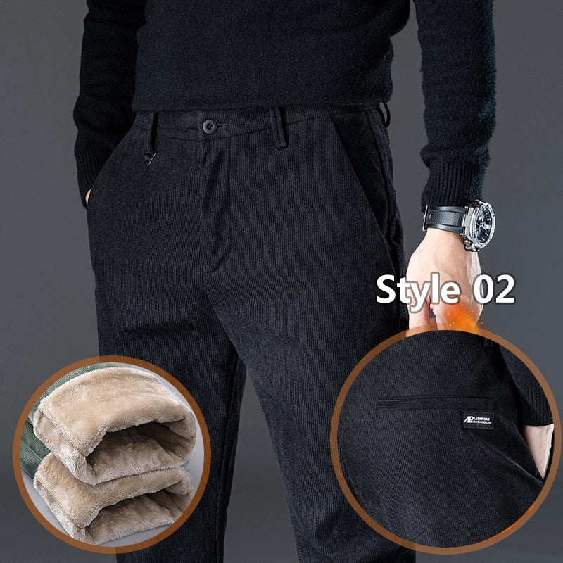 Winter Fleece Warm Corduroy Pants Men Stretch Thick Elastic Waist Fluff Pant Korean Classic Brown Trousers Male Brand Clothing