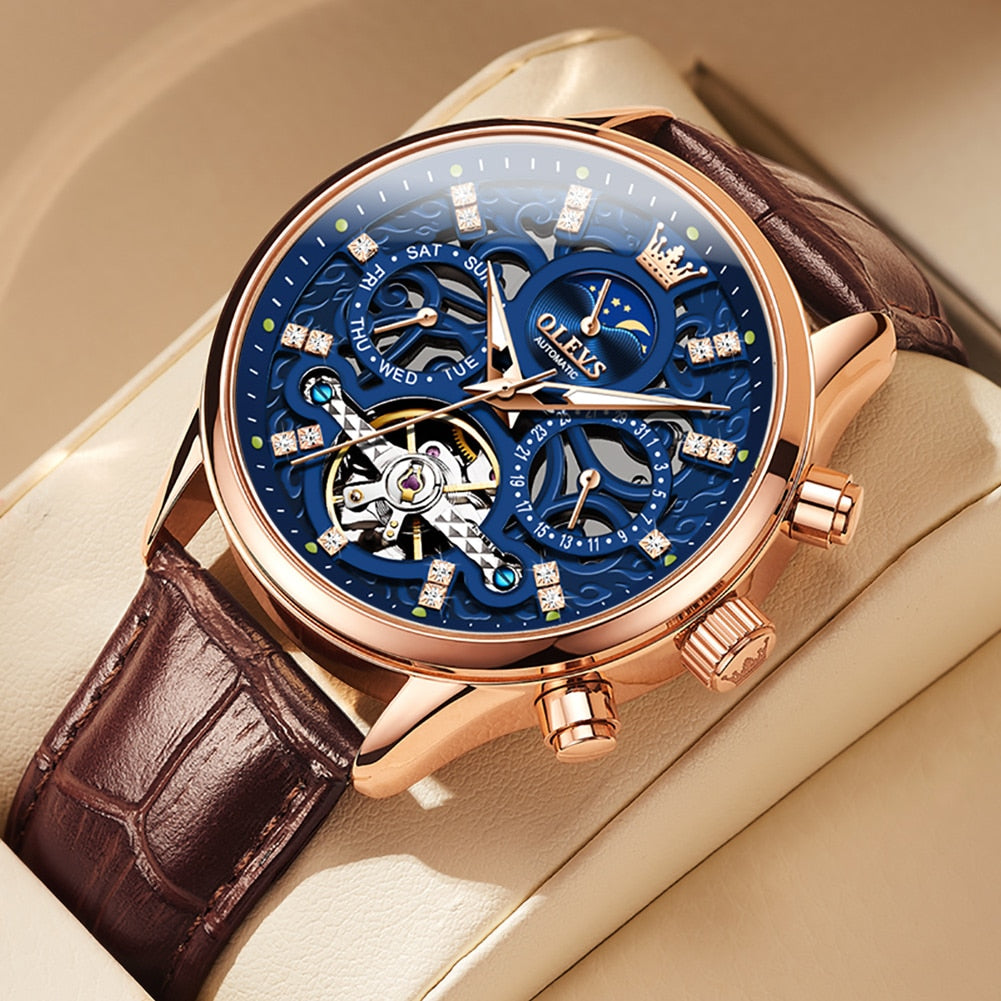 OLEVS Watches for Men Automatic Mechanical Watch Waterproof Hollow out Noctiucent Skeleton Automatic Wind up Male Wristwatch