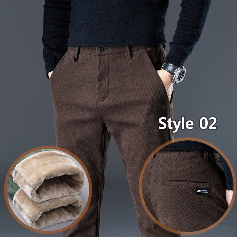 Winter Fleece Warm Corduroy Pants Men Stretch Thick Elastic Waist Fluff Pant Korean Classic Brown Trousers Male Brand Clothing