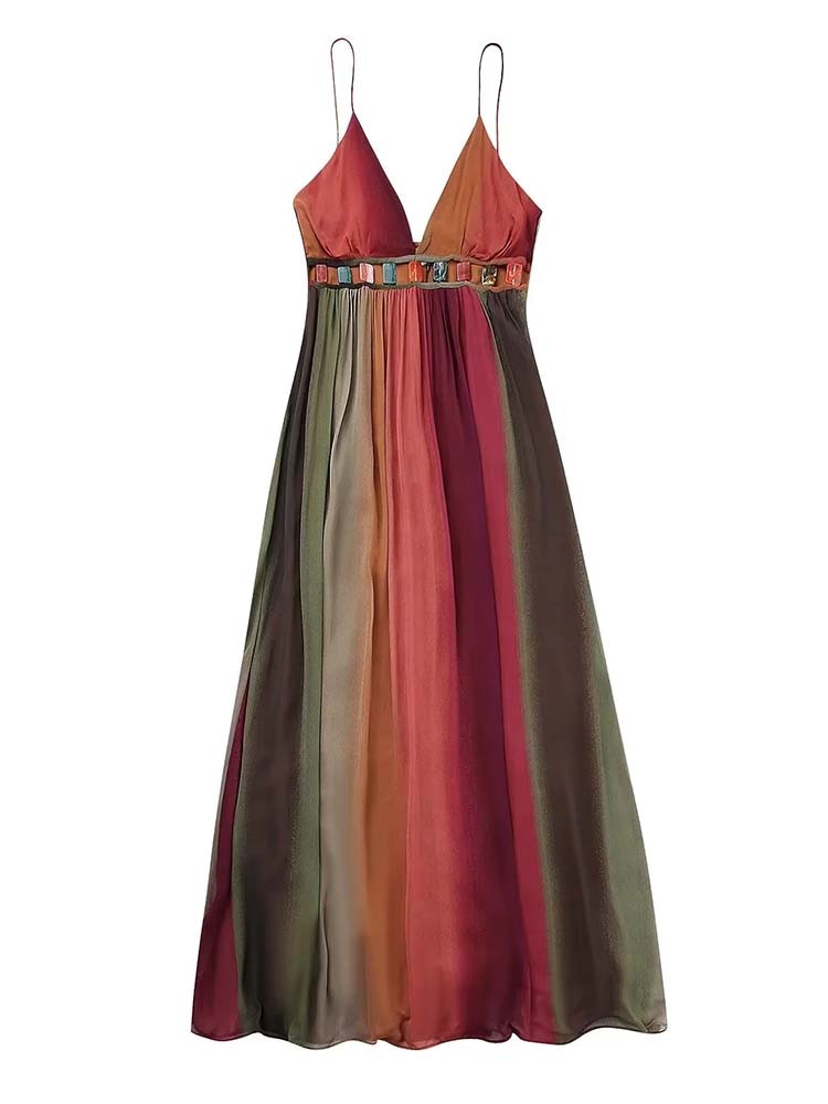 Women Chiffon Tie Dye Sling Long Dress Sexy V-neck Sleeveless Open Back High Waist Vestidos Summer Vacation Beach Party Robes