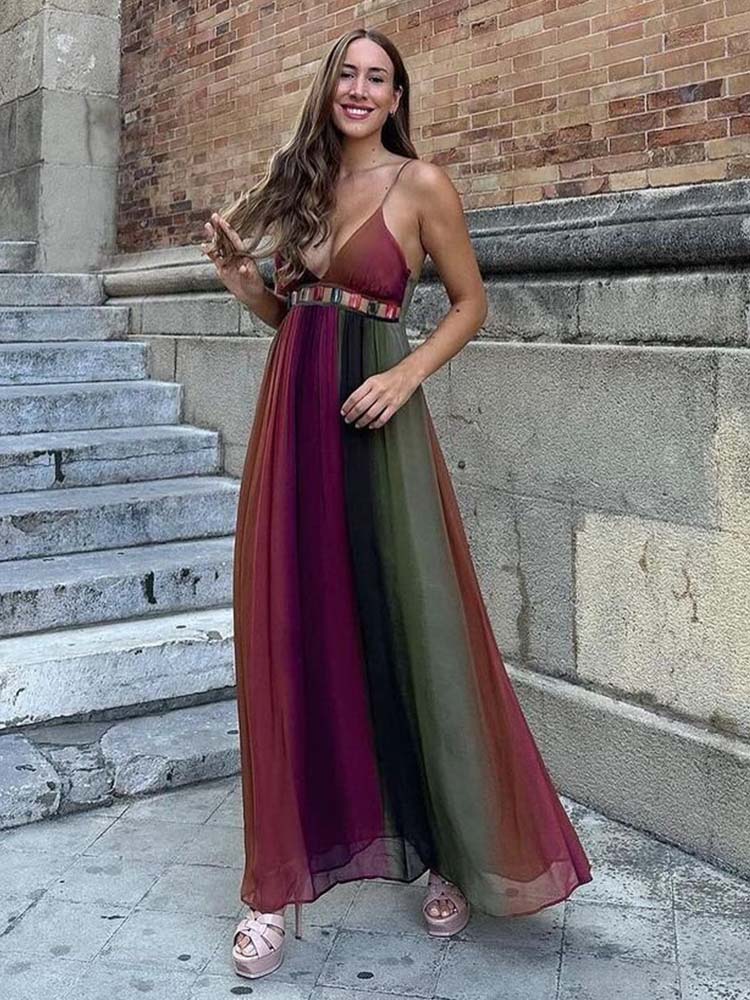 Women Chiffon Tie Dye Sling Long Dress Sexy V-neck Sleeveless Open Back High Waist Vestidos Summer Vacation Beach Party Robes