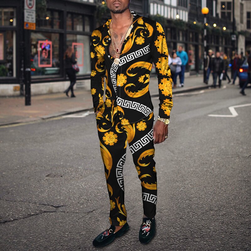Vintage Harajuku Print Men's Clothing 2022 Spring Autumn New Casual Suits Long Sleeve Shirt Pants 2 Piece Set Trendy Streetwear