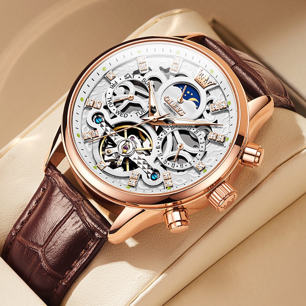 OLEVS Watches for Men Automatic Mechanical Watch Waterproof Hollow out Noctiucent Skeleton Automatic Wind up Male Wristwatch