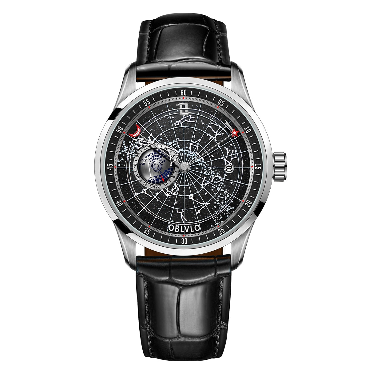 OBLVLO Top Brand Automatic Mechanical Watch for Men Luminous Earth Star Watch Waterproof Leather Strap GC