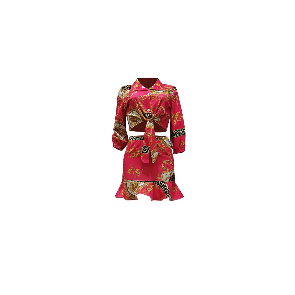 LW Sexy Two Piece Floral Leopard Print Ruffle Design Skirt Set Three Quarter Sleeve Tribal Turndown Collar Tie Front Lady Outfit