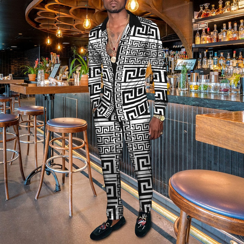 Vintage Harajuku Print Men's Clothing 2022 Spring Autumn New Casual Suits Long Sleeve Shirt Pants 2 Piece Set Trendy Streetwear