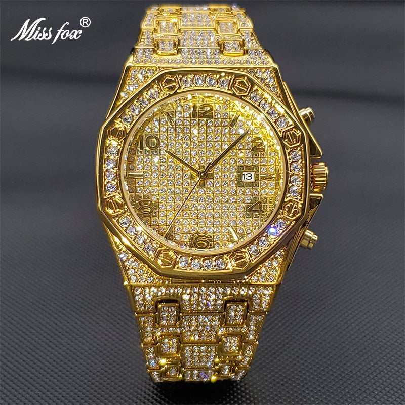 Gold Watch For Men Luxury Diamond Big Wrist Quartz Watches With Calendar Bussiness Hip Hop Large Male Hand Clock Dropshipping