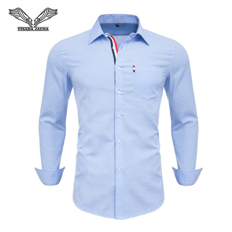 VISADA JAUNA US Europe XXL 2018 Men Shirt Solid Color Cotton Casual Business Male Brand Clothing Chemise Homme Blue Dress