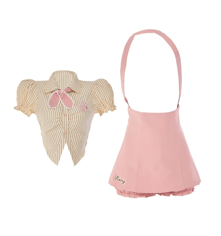 Pink Japanese Kawaii Two Piece Set Women Korean Sweet Party Mini Dress Suit Puff Sleeve Striped Blouse + Suspenders Dress 2023