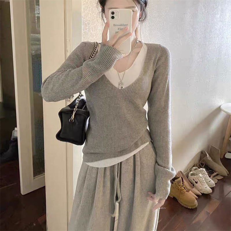 Fake Two-piece V-neck Knitted Bottoming Shirt Top