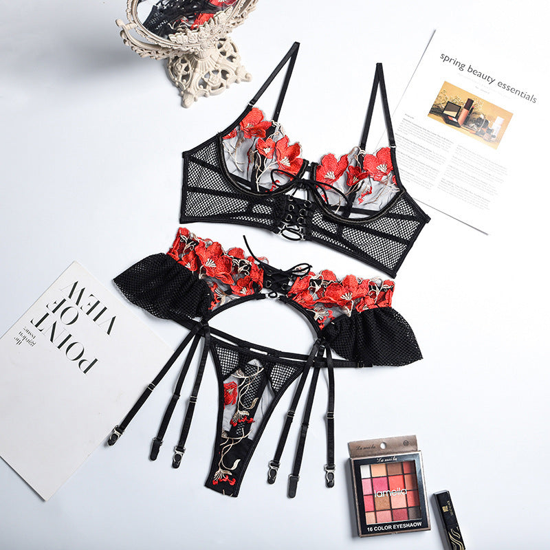 Red Hit Black Embroidery See-through Suit