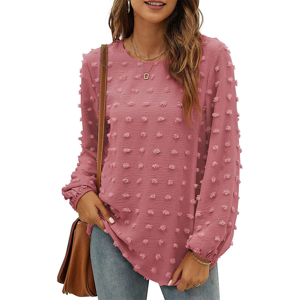 Loose Jacquard Long Sleeve Crew Neck T-shirt Top
