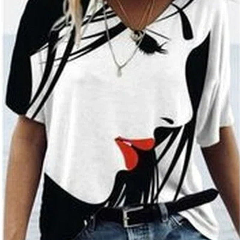 Women's Face Print Short Sleeve V-neck