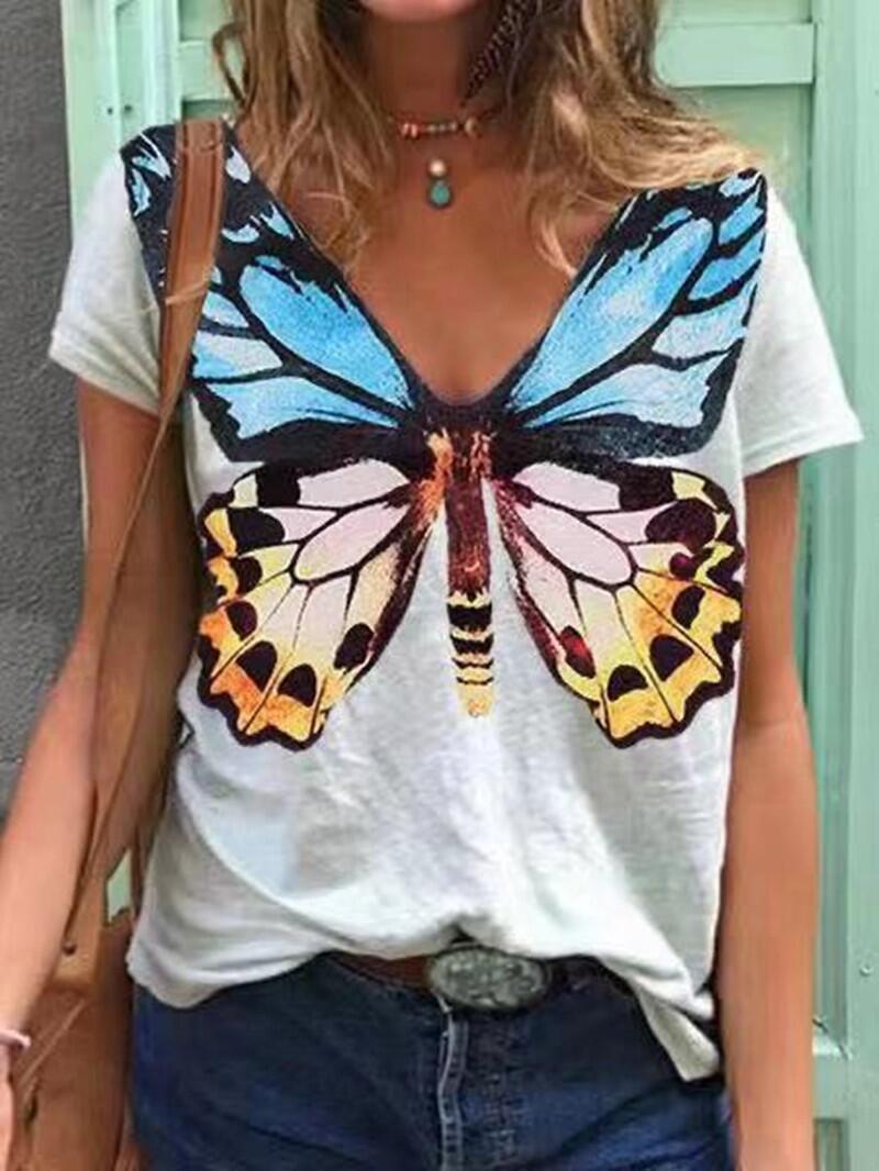 Women's Face Print Short Sleeve V-neck
