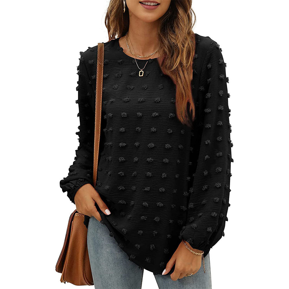 Loose Jacquard Long Sleeve Crew Neck T-shirt Top
