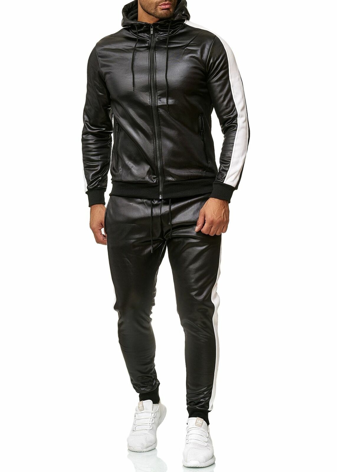 Hooded PU leather sports suit