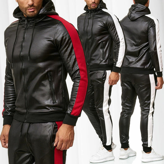 Hooded PU leather sports suit