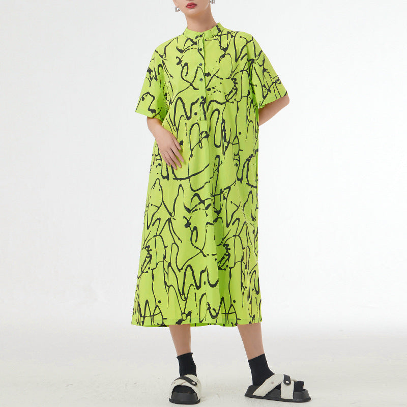 Retro Lazy Style Graffiti Printing Short Sleeve Dress