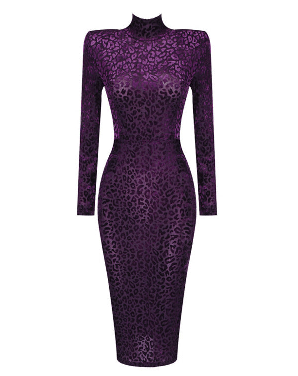 High Collar Long Sleeve Nightclub Velvet Burnt Flower Padded Shoulder Dress