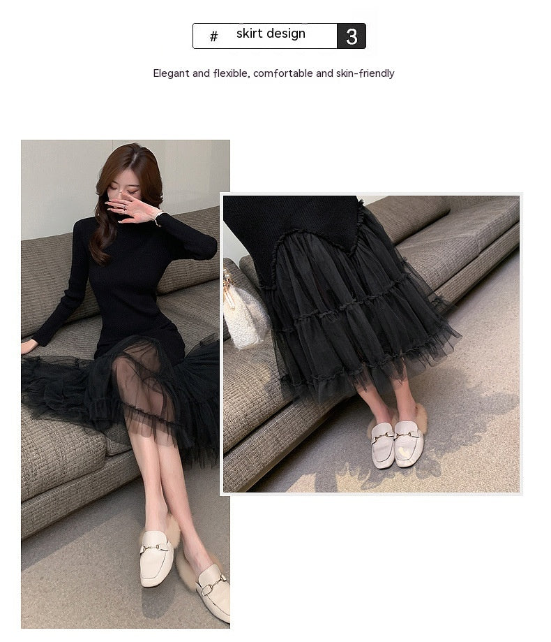 Fairy Flying Hepburn Graceful Match With Coat Mesh Stitching Over The Knee Knitted Fishtail Dress
