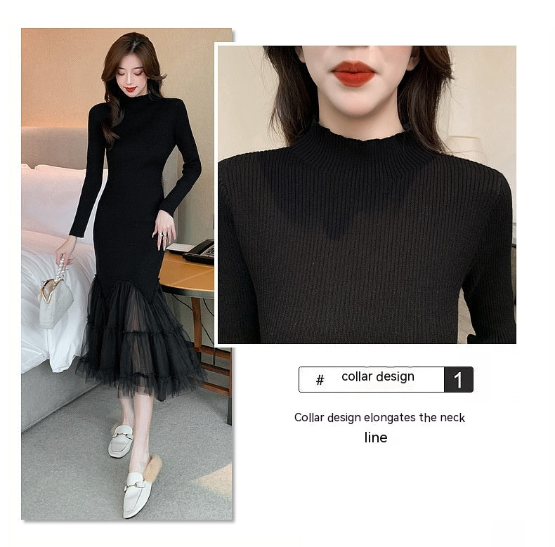 Fairy Flying Hepburn Graceful Match With Coat Mesh Stitching Over The Knee Knitted Fishtail Dress