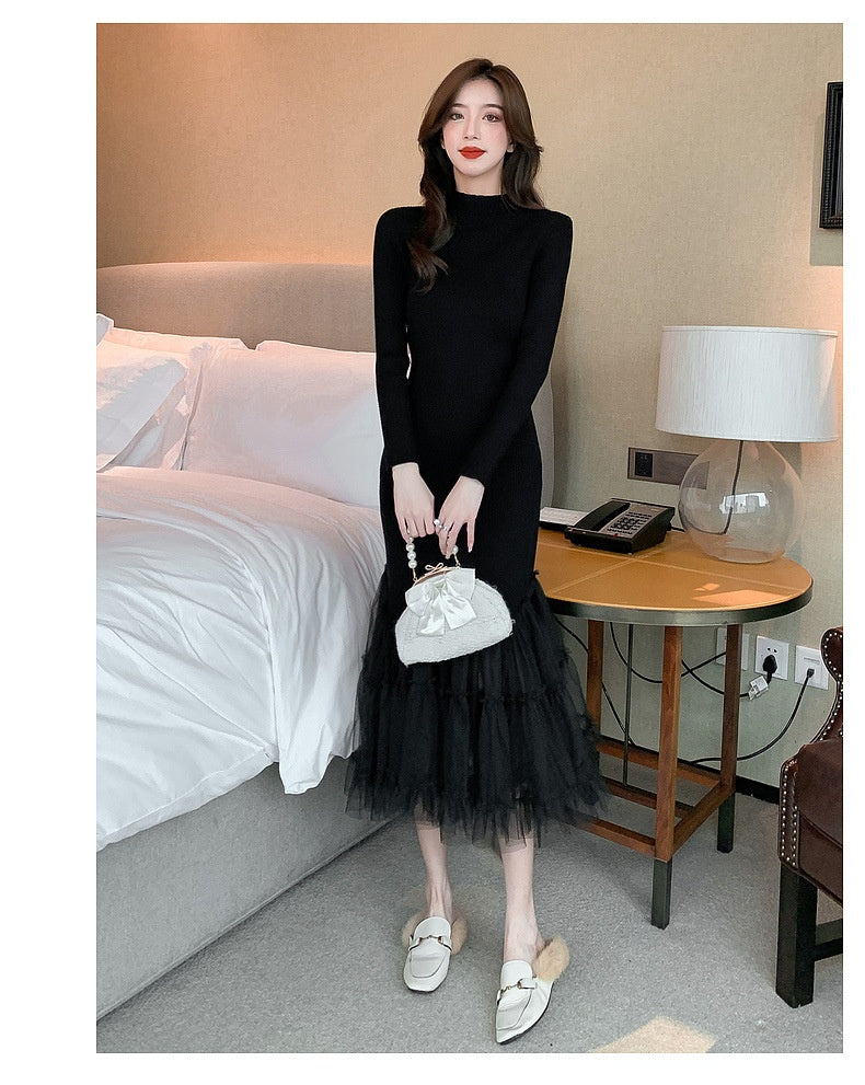 Fairy Flying Hepburn Graceful Match With Coat Mesh Stitching Over The Knee Knitted Fishtail Dress