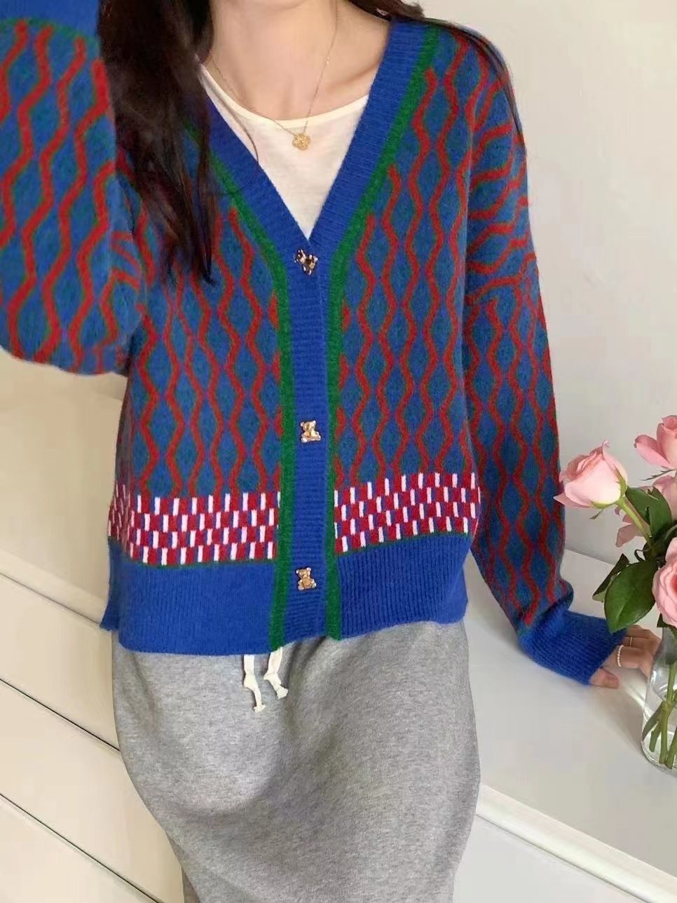 Women's Retro Casual V-neck Bear Button Sweater Cardigan Coat