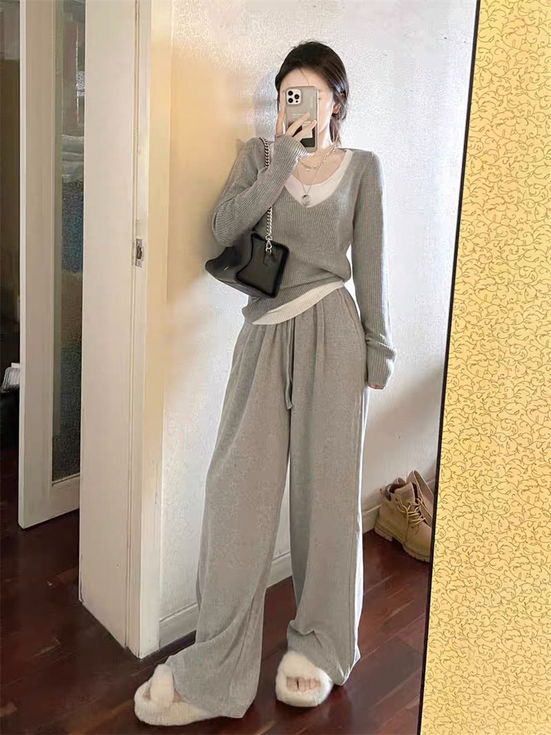 Fake Two-piece V-neck Knitted Bottoming Shirt Top