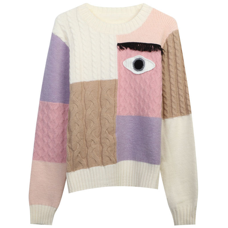 Preppy Style Knitted Pullover Women's Contrast Color Thread Sweater