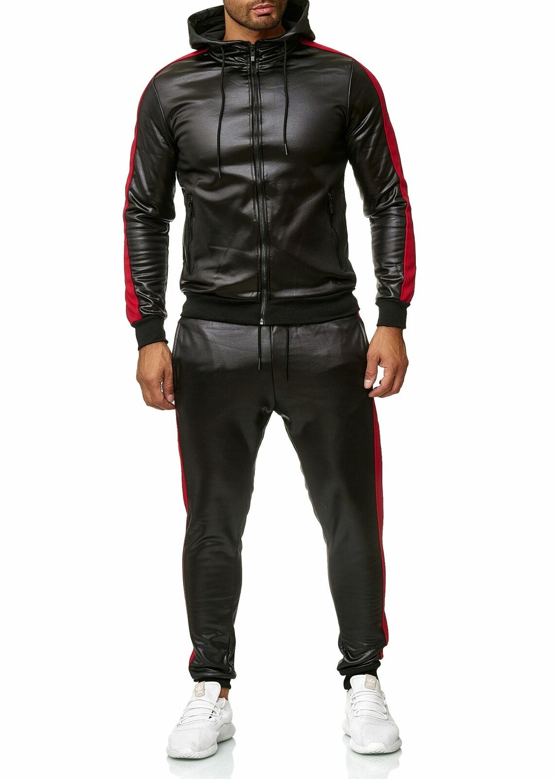 Hooded PU leather sports suit
