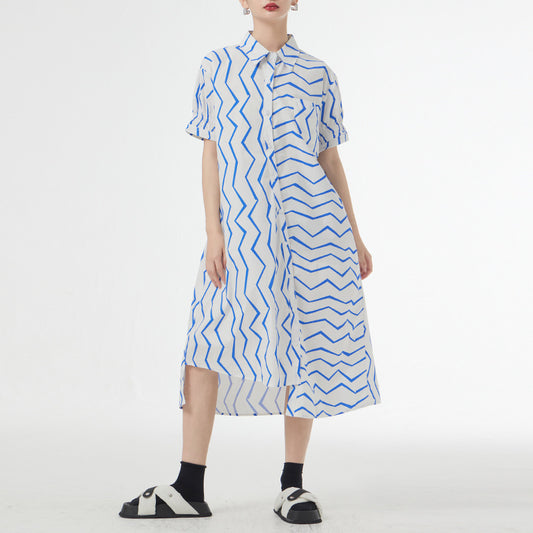 Women's Summer French Lazy Style Wave Stripes Shirt Dress