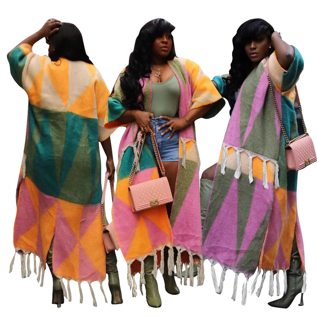 Women's Clothing Casual Multicolor Tassel Knitted Coat