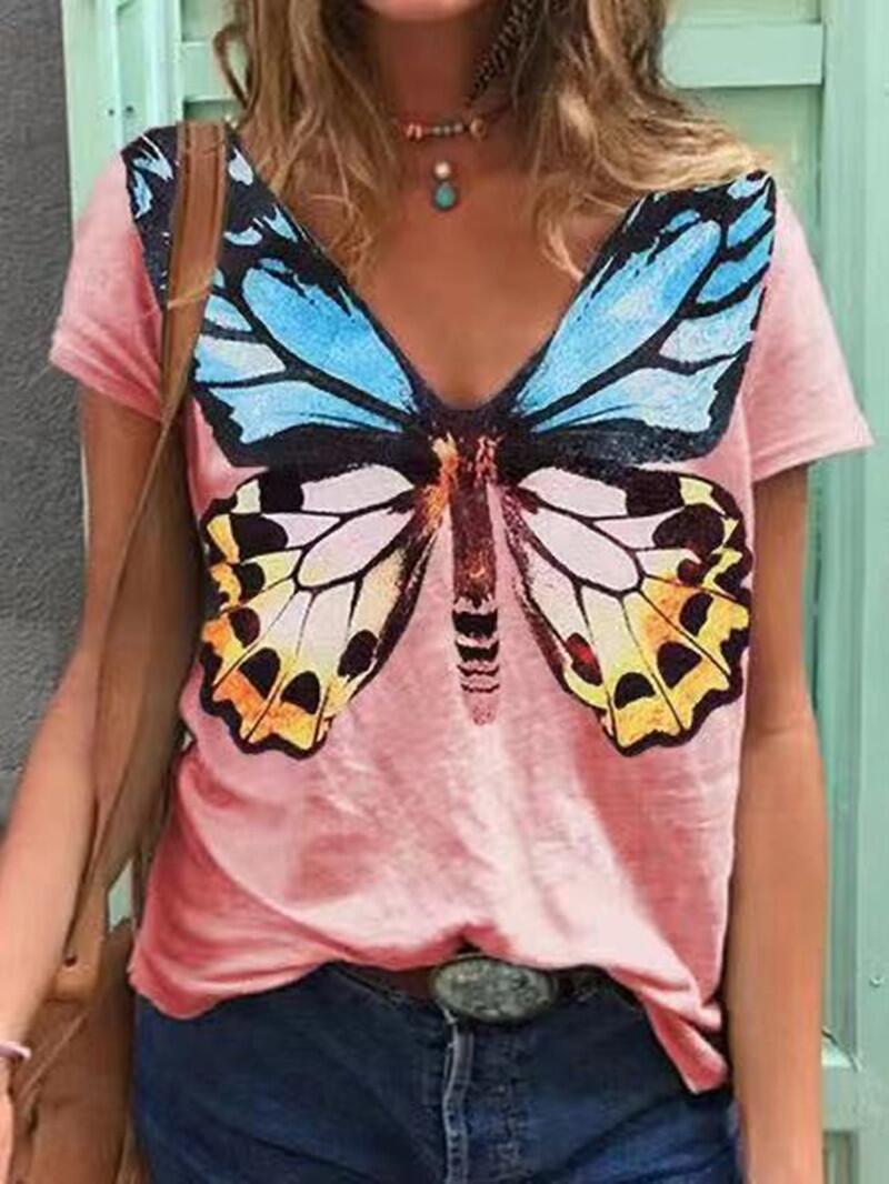 Women's Face Print Short Sleeve V-neck