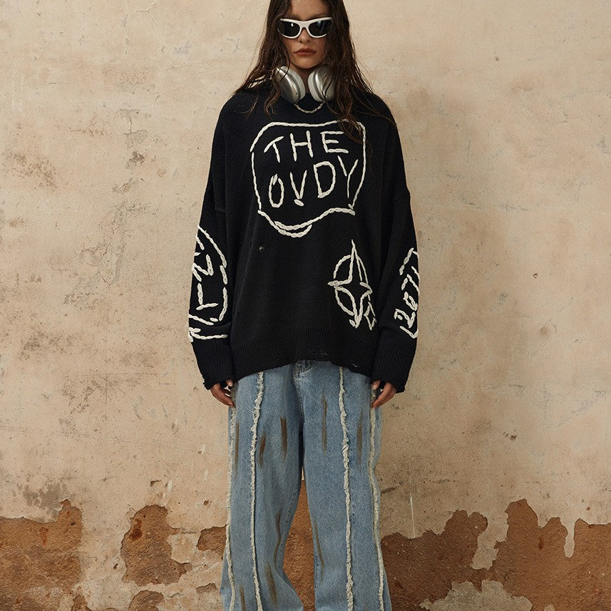 Perforated Round Neck Loose Knit Sweater