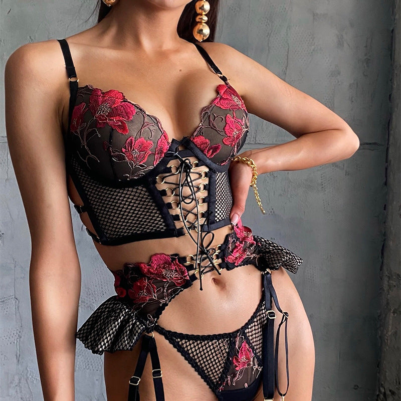 Red Hit Black Embroidery See-through Suit