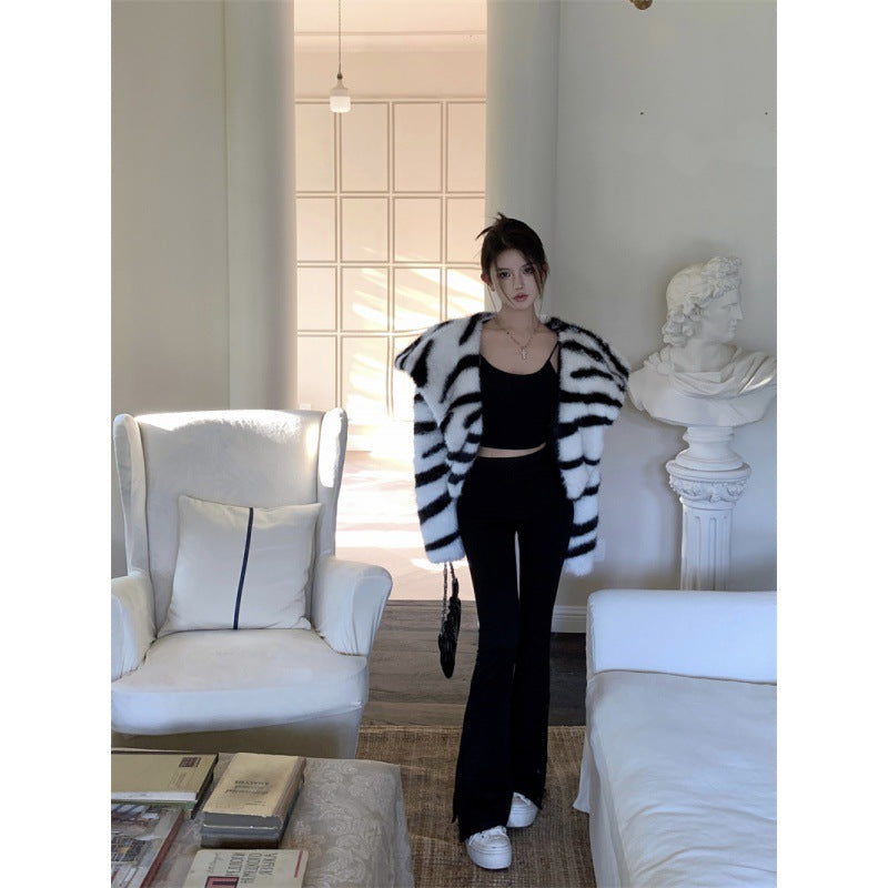 Heavy Industry Large Lapel Zebra Pattern Environmental Protection Fur Short Coat