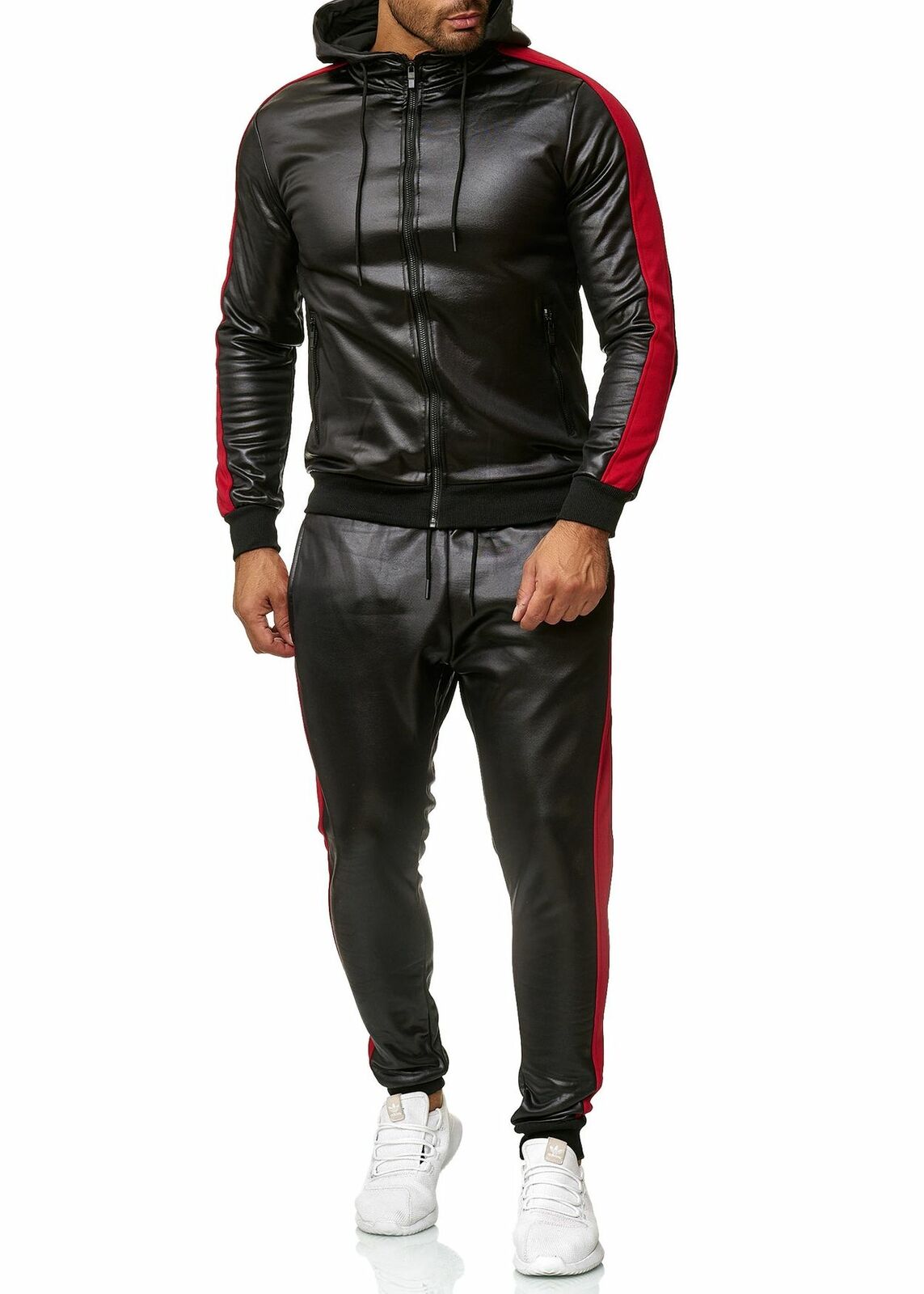 Hooded PU leather sports suit