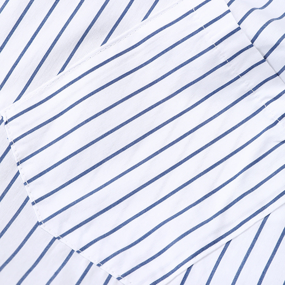 Color Collision Design Striped Dark Blue Dress All-match Loose Shirt Dress