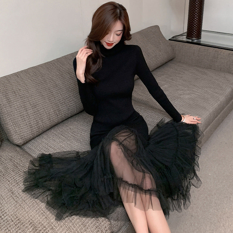 Fairy Flying Hepburn Graceful Match With Coat Mesh Stitching Over The Knee Knitted Fishtail Dress