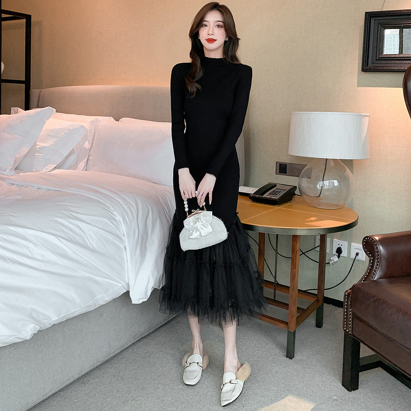Fairy Flying Hepburn Graceful Match With Coat Mesh Stitching Over The Knee Knitted Fishtail Dress