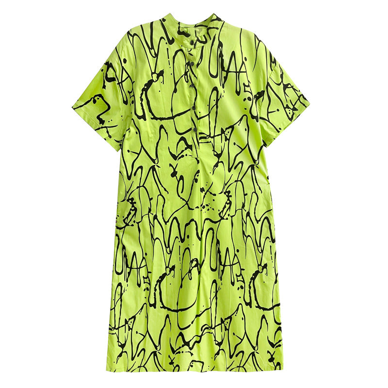 Retro Lazy Style Graffiti Printing Short Sleeve Dress