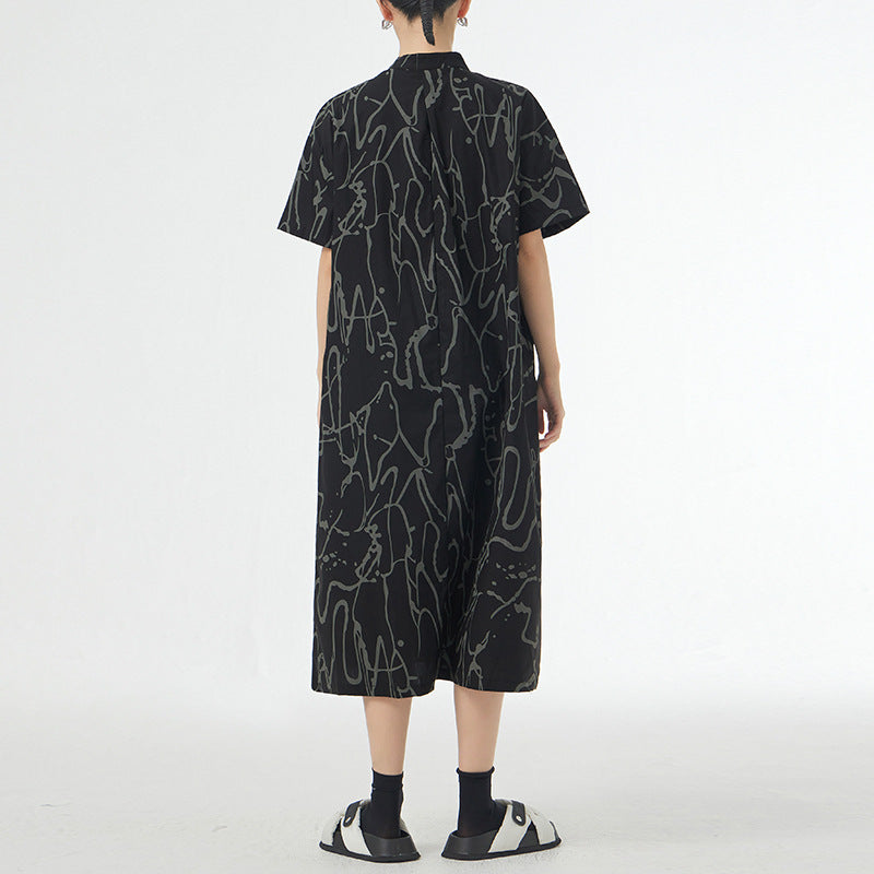 Retro Lazy Style Graffiti Printing Short Sleeve Dress