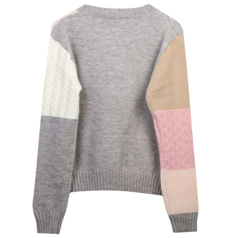 Preppy Style Knitted Pullover Women's Contrast Color Thread Sweater