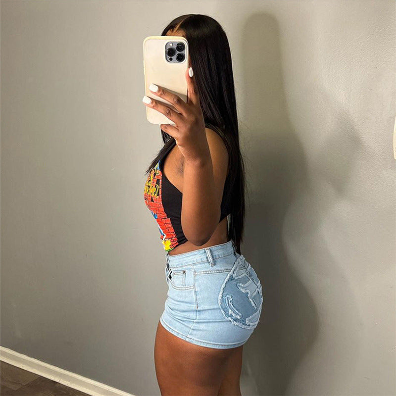 Women's Fashion Cartoon Print Short Slim Fit Sleeveless Top