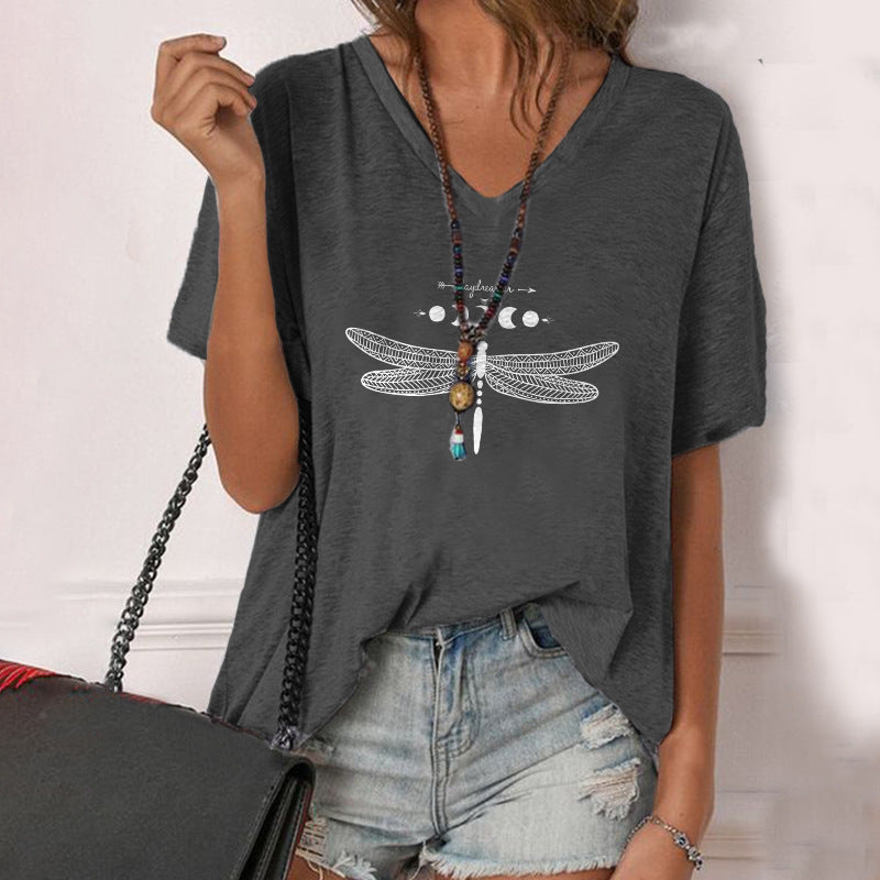 Women's Face Print Short Sleeve V-neck