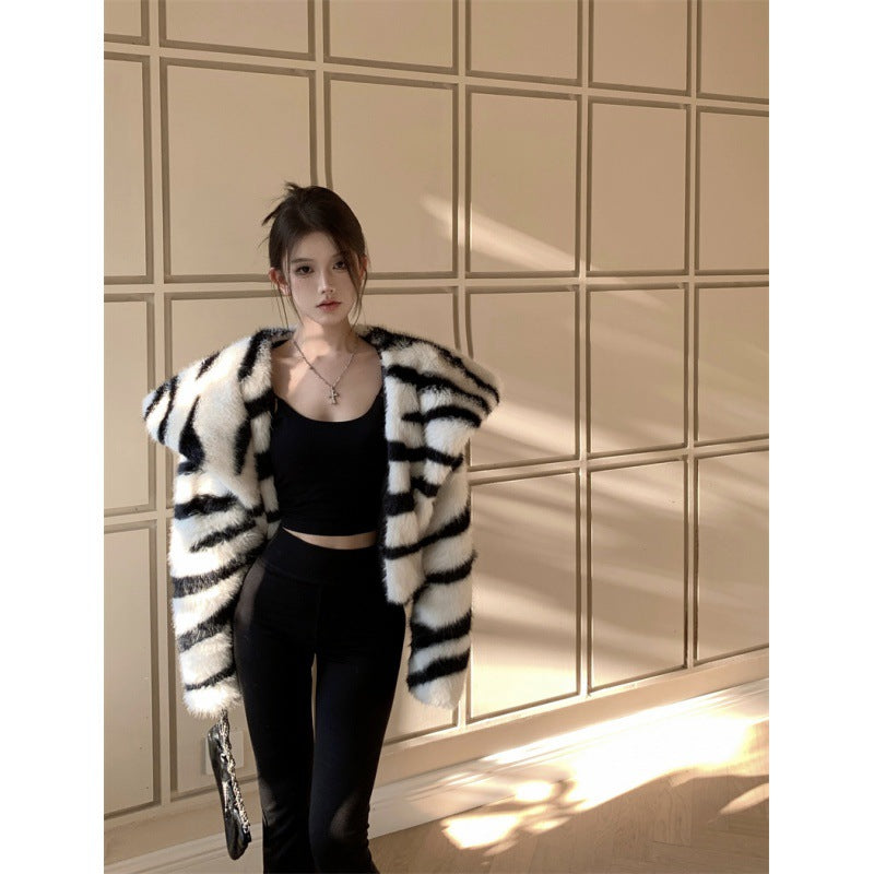 Heavy Industry Large Lapel Zebra Pattern Environmental Protection Fur Short Coat