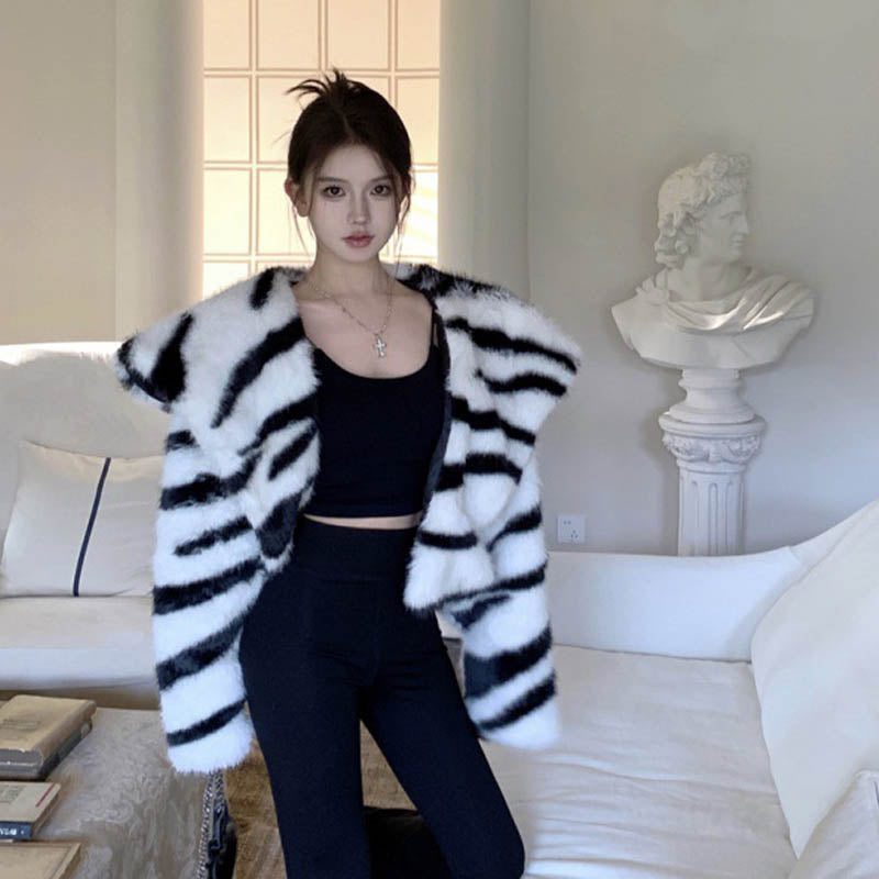 Heavy Industry Large Lapel Zebra Pattern Environmental Protection Fur Short Coat