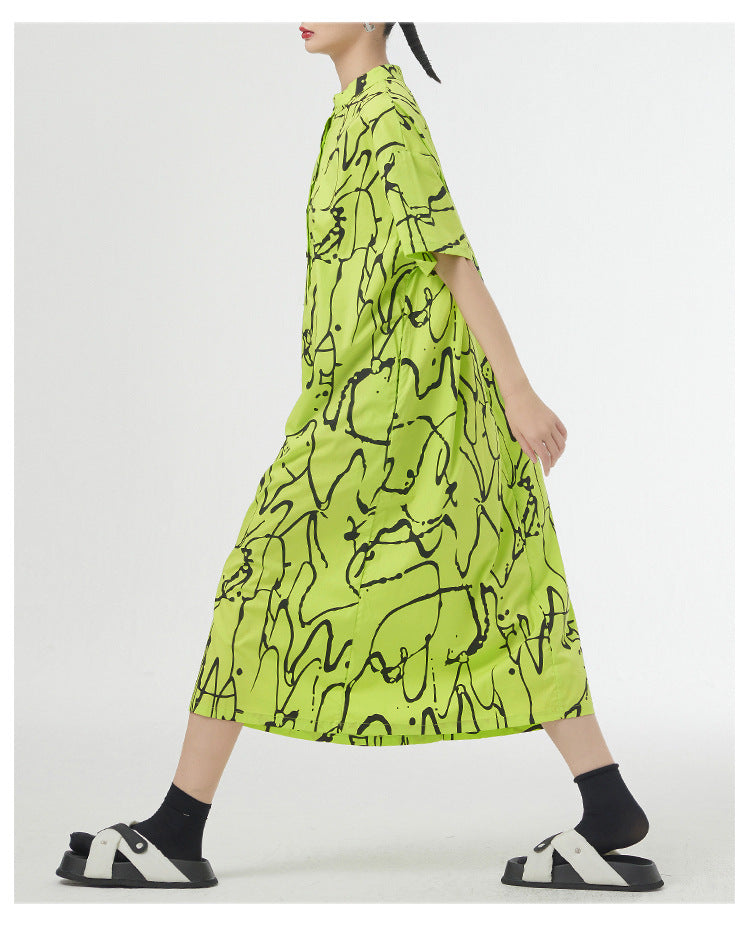 Retro Lazy Style Graffiti Printing Short Sleeve Dress