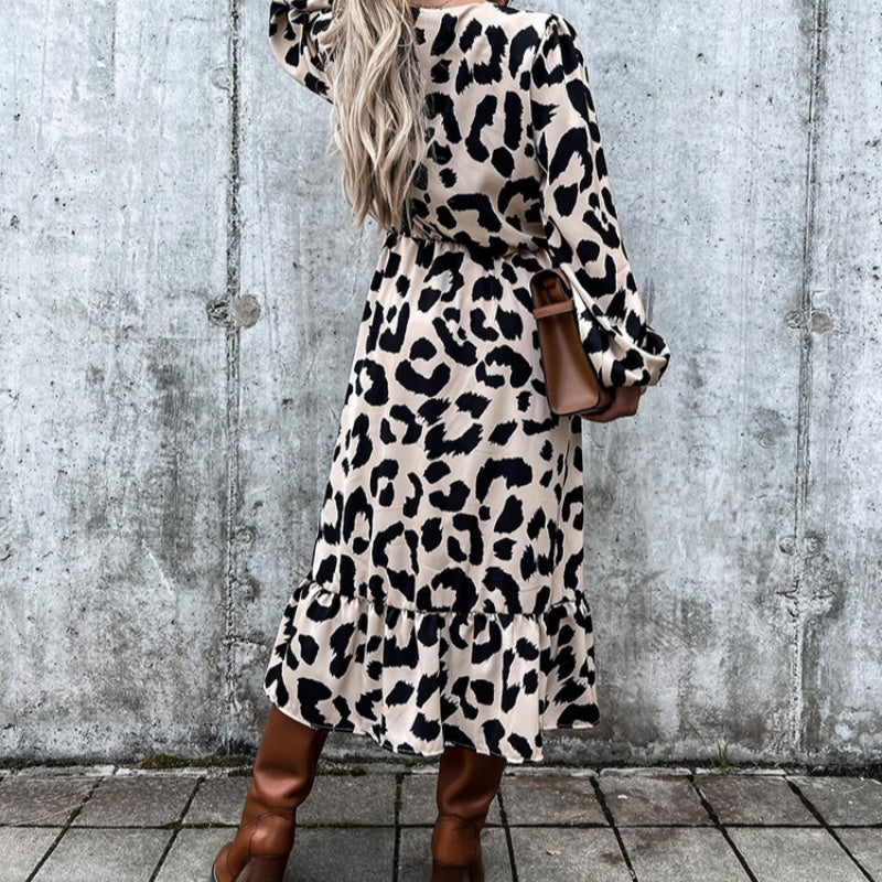 Women's Season Leopard Print Long Sleeve Slit Dress