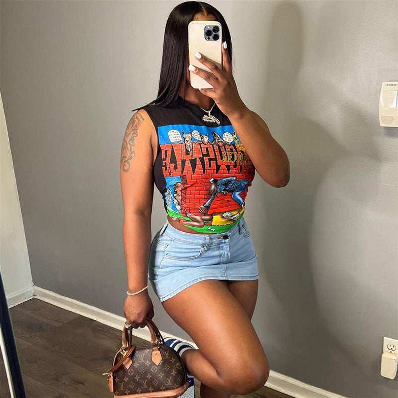 Women's Fashion Cartoon Print Short Slim Fit Sleeveless Top